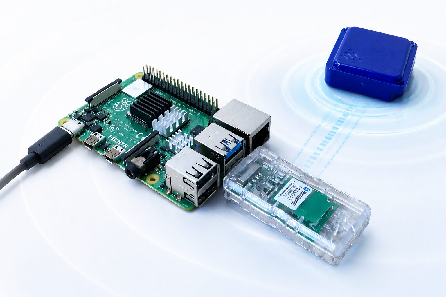 ビーコン発信機が出すBLEビーコンの電波を、Raspberry PiのUSBポートに挿したビーコンドングルが受信している様子